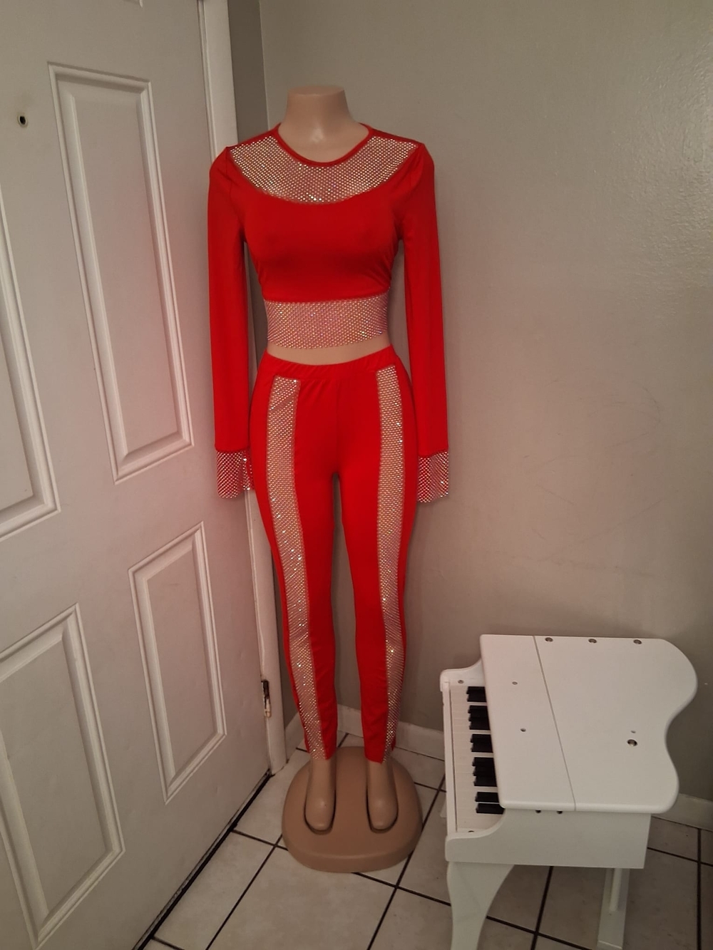 Red Mesh Inset Two-Piece Jumpsuit Set